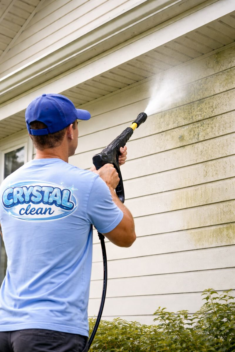Professional using soft-wash technique to clean home siding and exterior surfaces