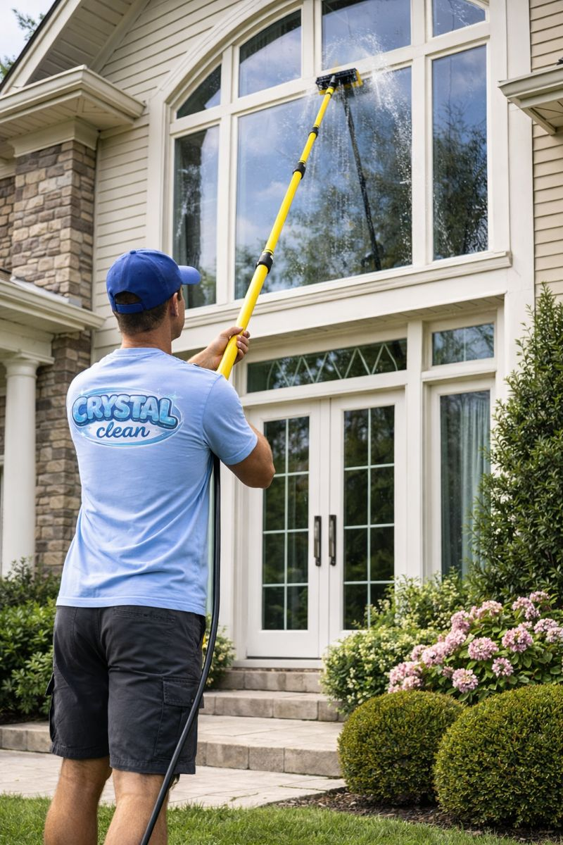 Crystal Clean professional worker using water-fed pole system to clean residential windows