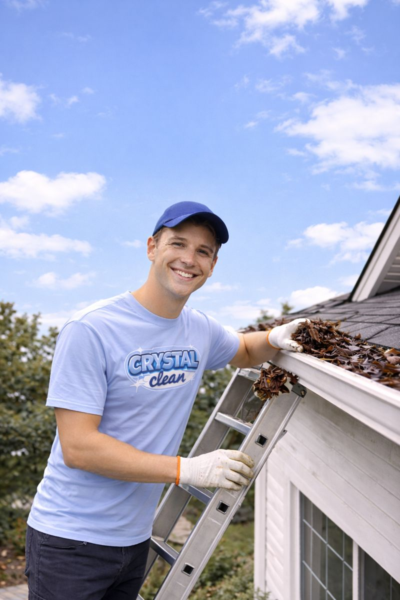 Crystal Clean professional team member performing gutter cleaning service on residential home