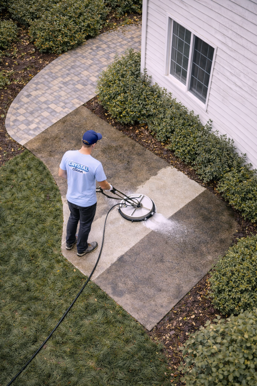 Crystal Clean worker power washing concrete surface with professional equipment