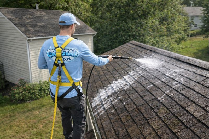 Professional roof cleaning specialist using soft-wash system to remove moss and algae from residential shingles