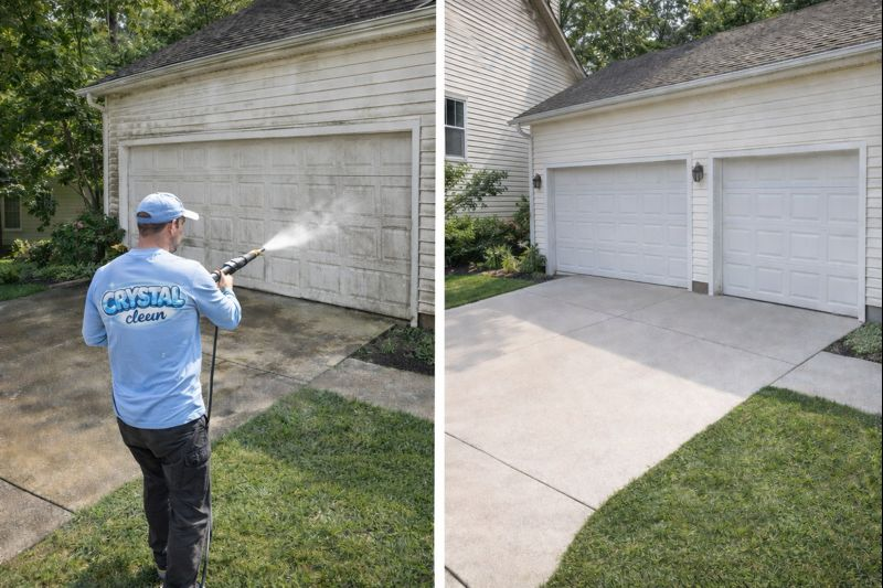 Before and after comparison of power washing service showing dramatic transformation