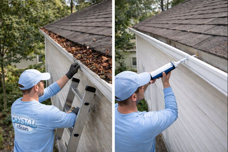 Before and after comparison of gutter cleaning showing debris-filled gutters transformed to clean gutters