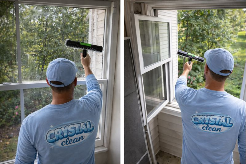 Before and after comparison of professional window cleaning showing Crystal Clean transformation