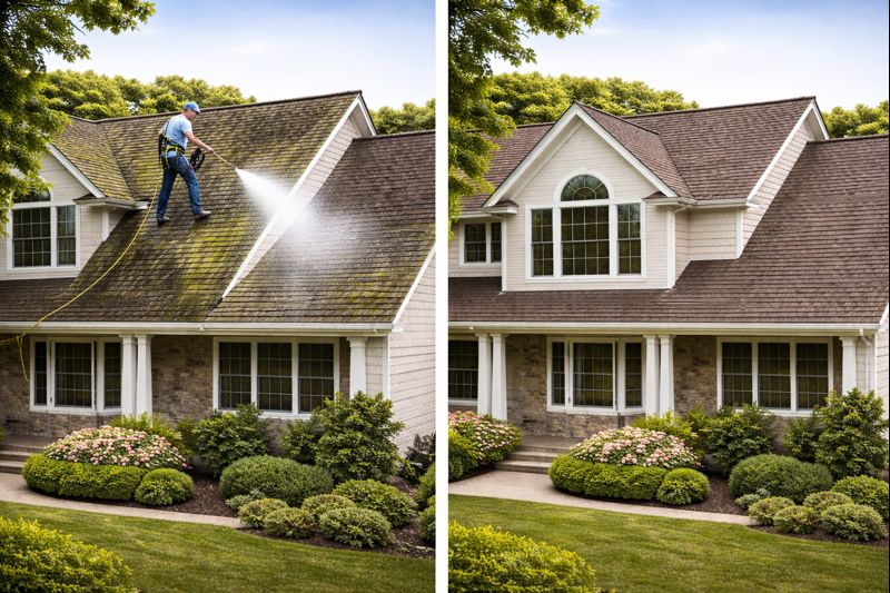 Before and after comparison of roof cleaning showing moss and algae removal transformation
